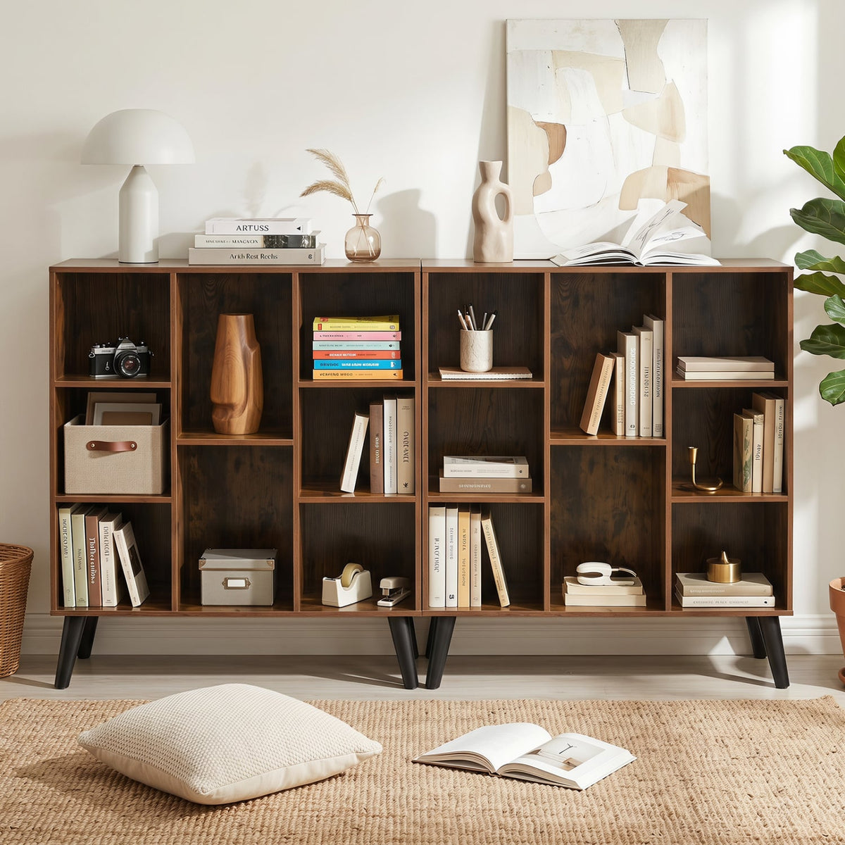 8-Cube Bookcase with Raised Support Legs for Living Room-Rustic Brown-Bookcases-DECOROLALA