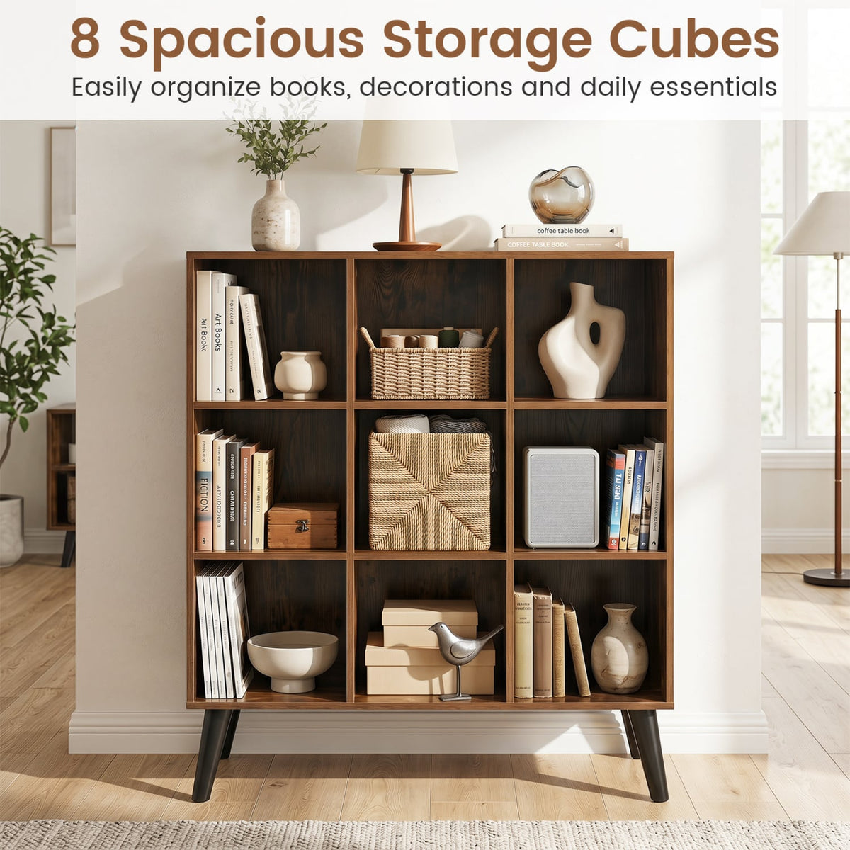 8-Cube Bookcase with Raised Support Legs for Living Room-Rustic Brown-Bookcases-DECOROLALA