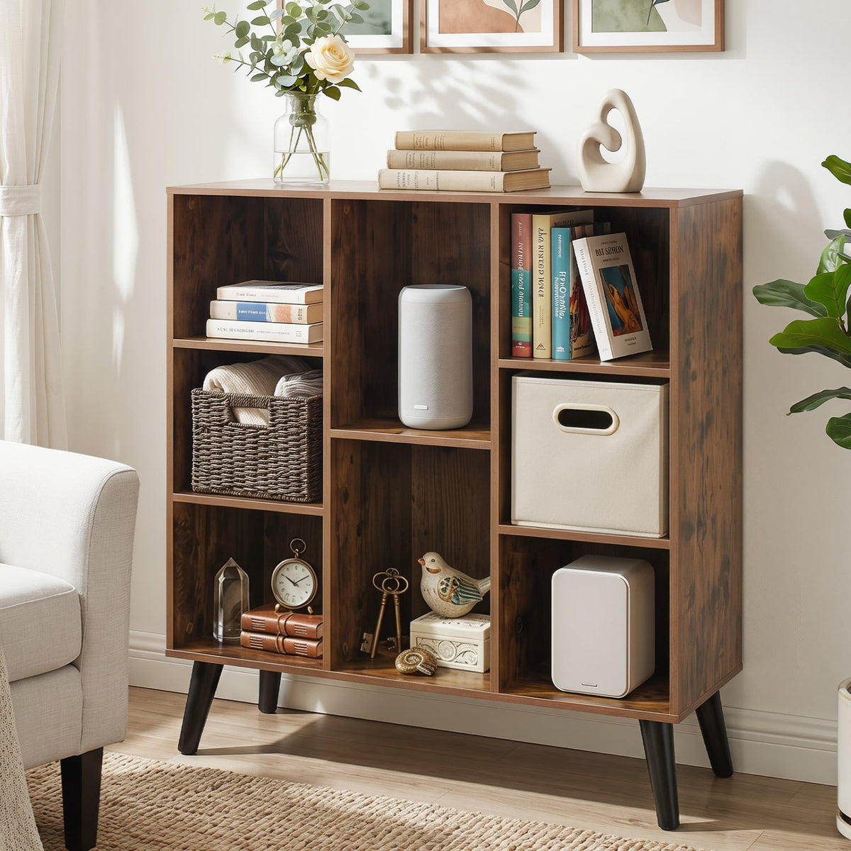 8-Cube Bookcase with Raised Support Legs for Living Room-Rustic Brown-Bookcases-DECOROLALA