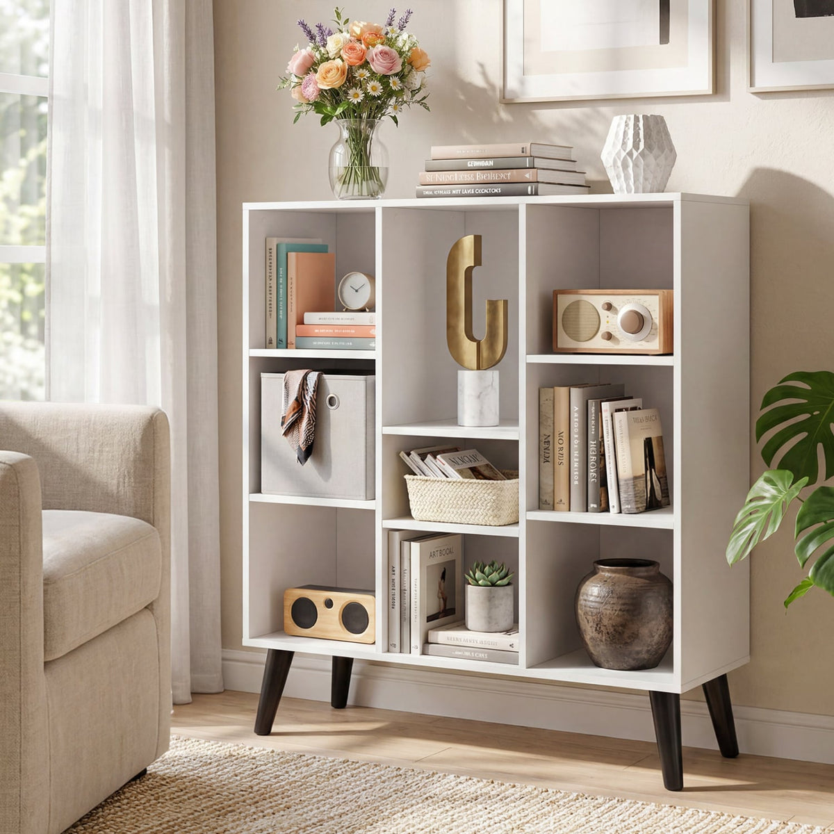 8-Cube Bookcase with Raised Support Legs for Living Room-White-Bookcases-DECOROLALA