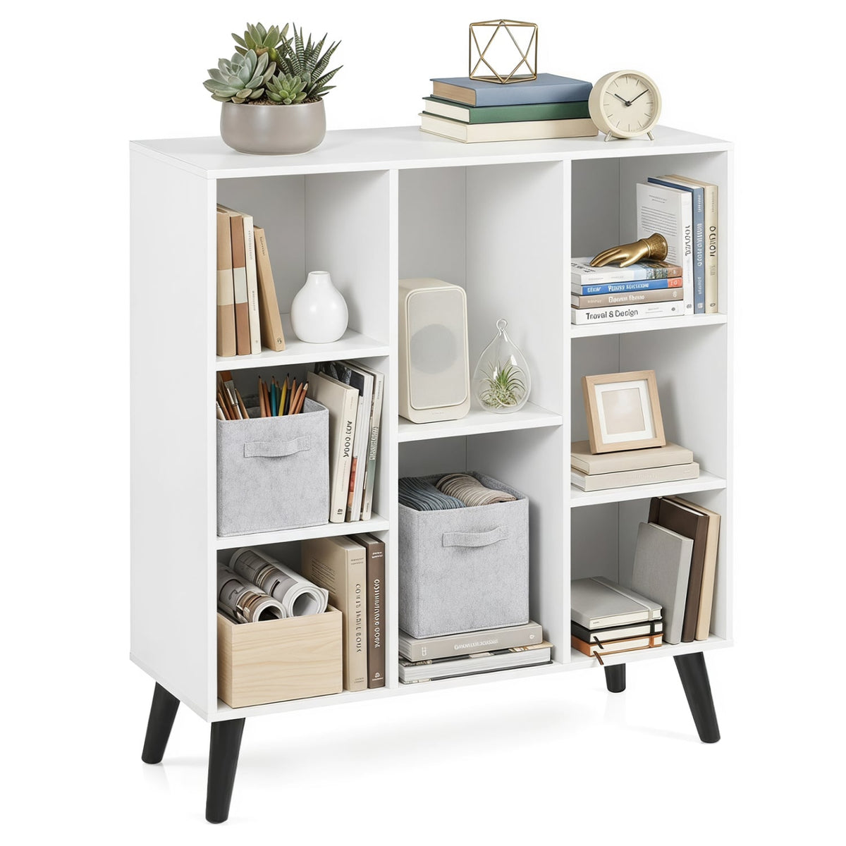 8-Cube Bookcase with Raised Support Legs for Living Room-White-Bookcases-DECOROLALA
