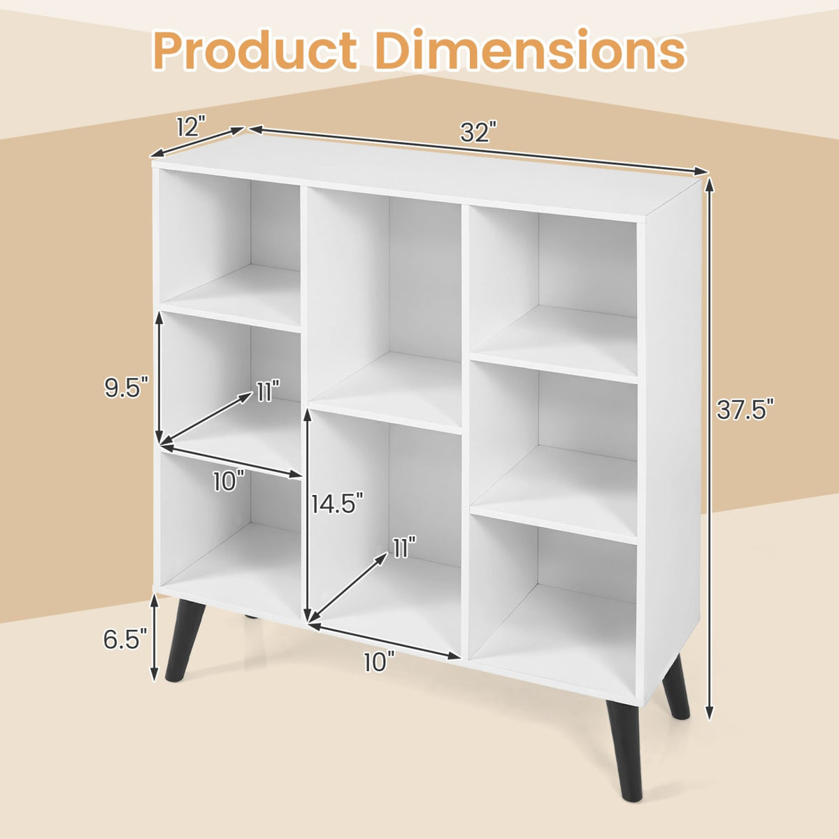 8-Cube Bookcase with Raised Support Legs for Living Room-White-Bookcases-DECOROLALA