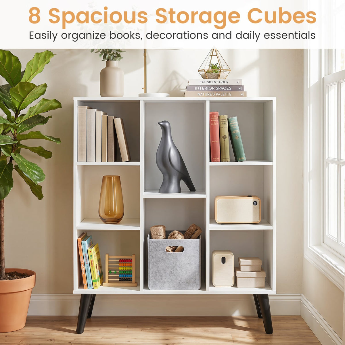 8-Cube Bookcase with Raised Support Legs for Living Room-White-Bookcases-DECOROLALA