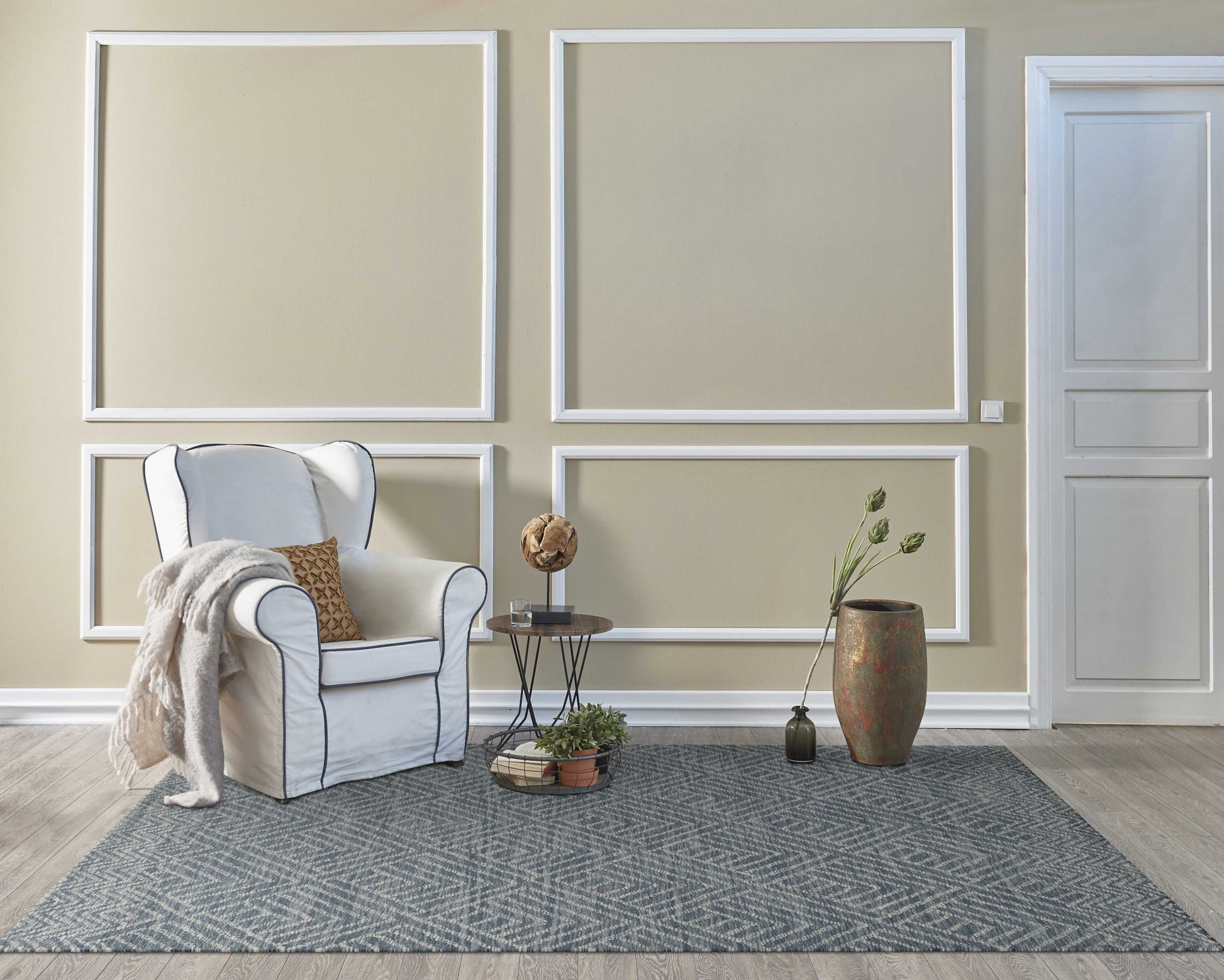 8' Denim Blue And Gray Wool Geometric Hand Tufted Runner Rug-Area Rugs-DECOROLALA