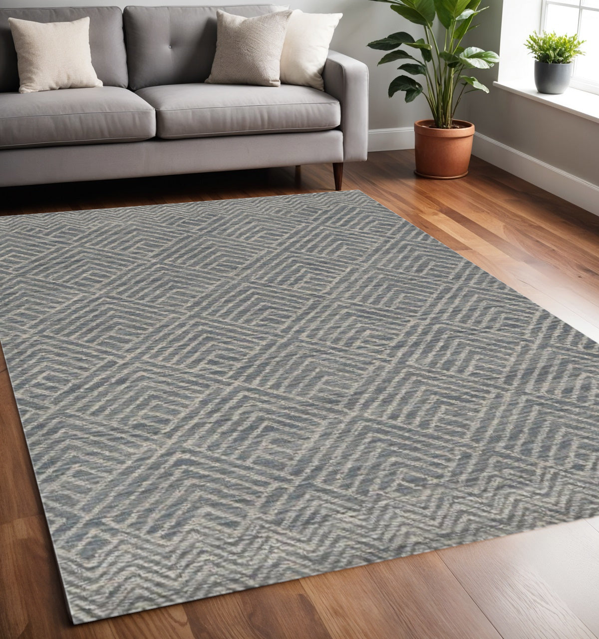 8' Denim Blue And Gray Wool Geometric Hand Tufted Runner Rug-Area Rugs-DECOROLALA