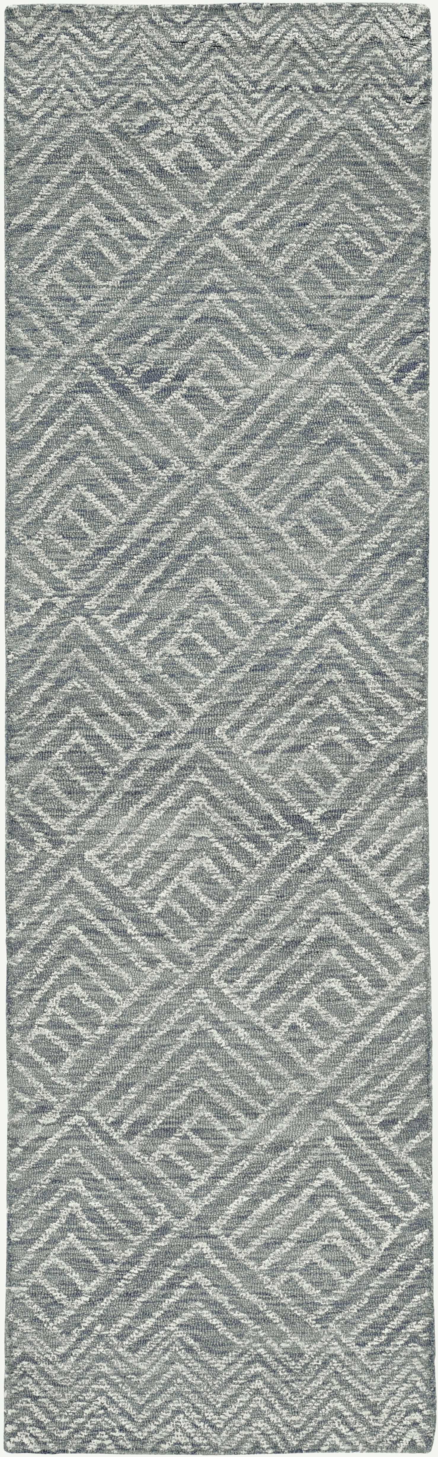 8' Denim Blue And Gray Wool Geometric Hand Tufted Runner Rug-Area Rugs-DECOROLALA