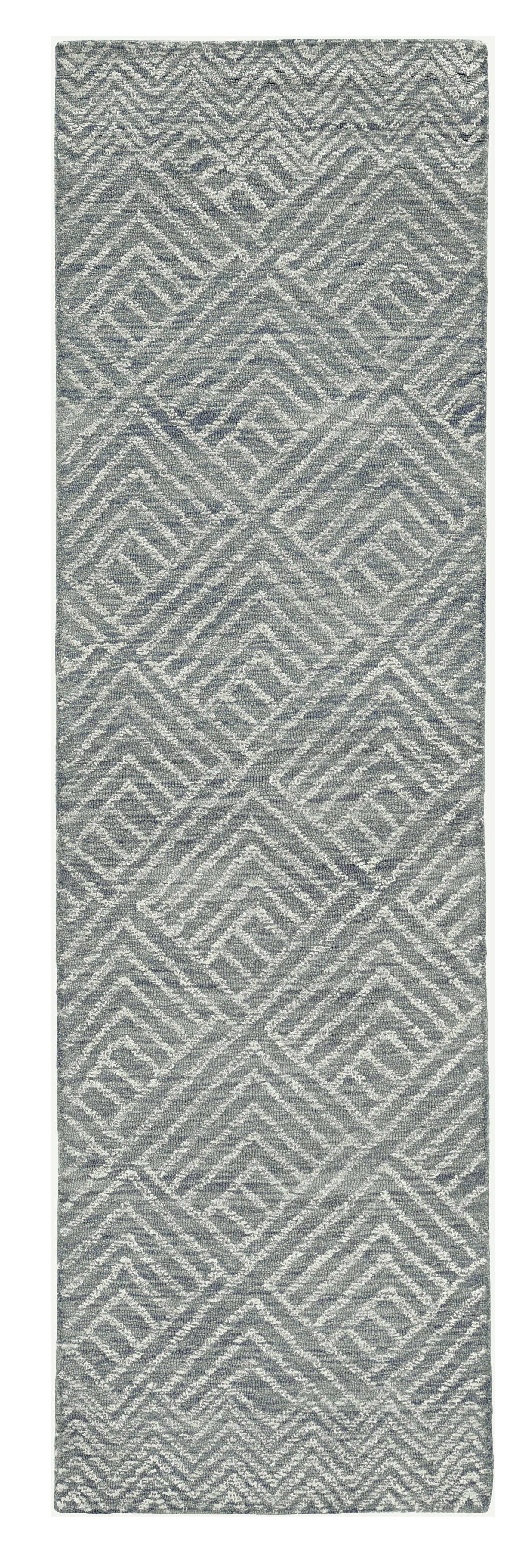 8' Denim Blue And Gray Wool Geometric Hand Tufted Runner Rug-Area Rugs-DECOROLALA