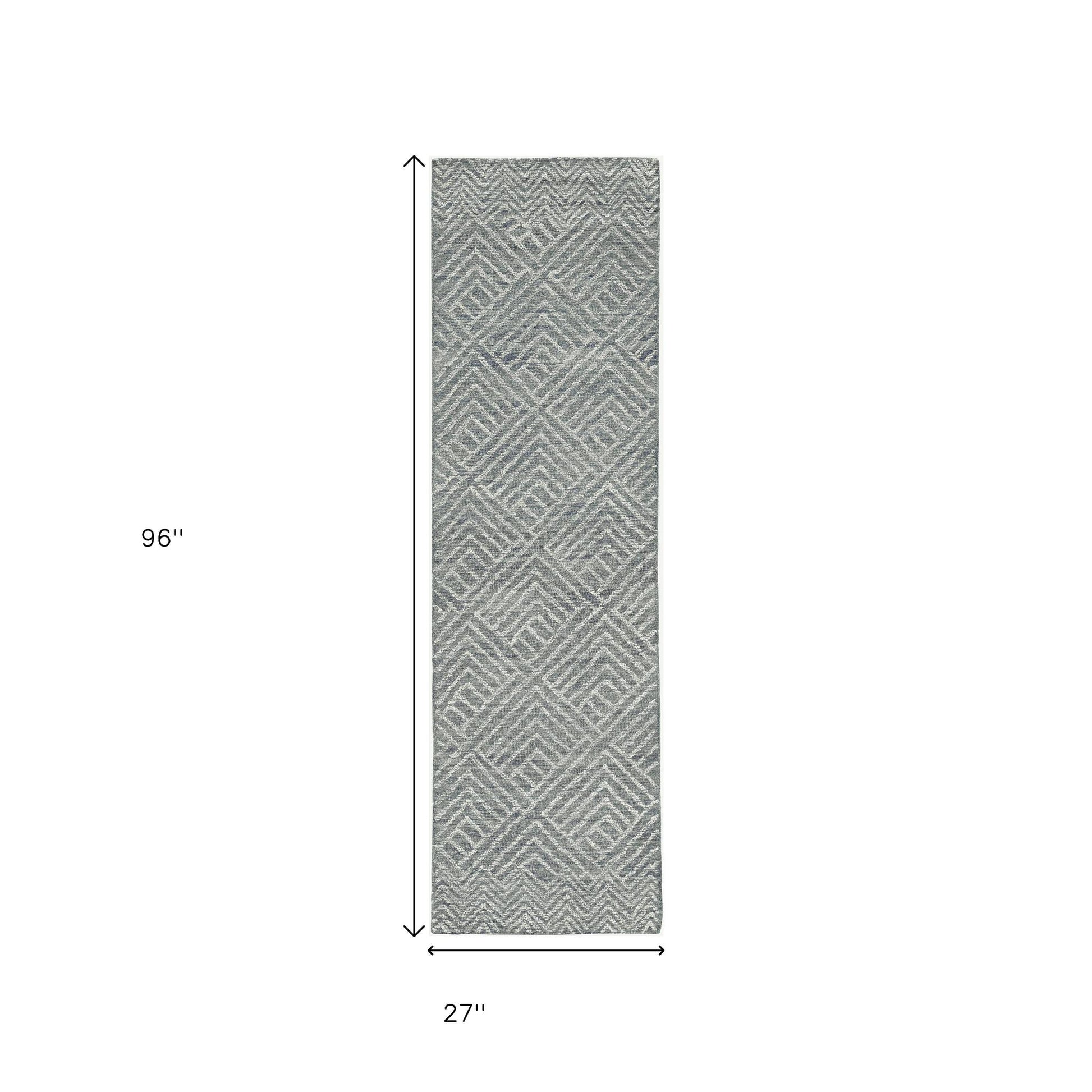 8' Denim Blue And Gray Wool Geometric Hand Tufted Runner Rug-Area Rugs-DECOROLALA