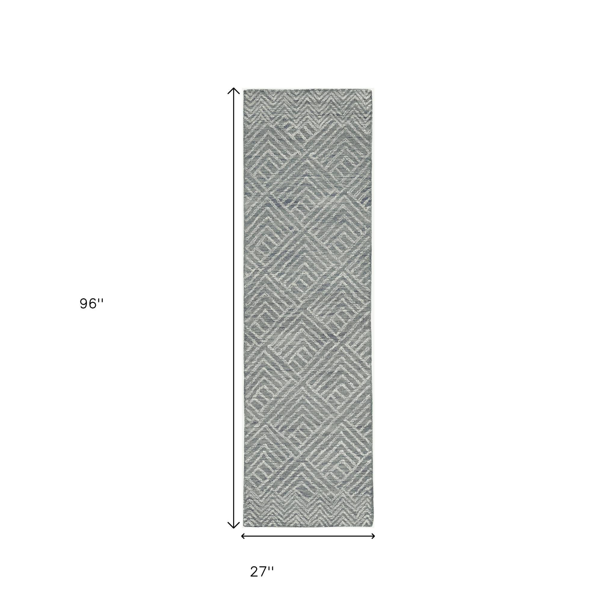 8' Denim Blue And Gray Wool Geometric Hand Tufted Runner Rug-Area Rugs-DECOROLALA