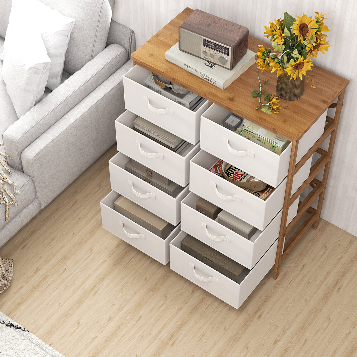 8-Drawer Dresser with Fabric Bins - Beige (min order qty 2)-Dressers & Chests-DECOROLALA