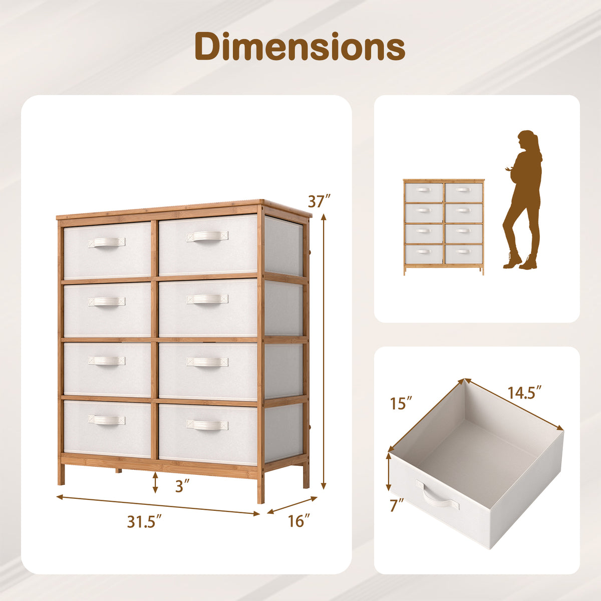 8-Drawer Dresser with Fabric Bins - Beige (min order qty 2)-Dressers & Chests-DECOROLALA