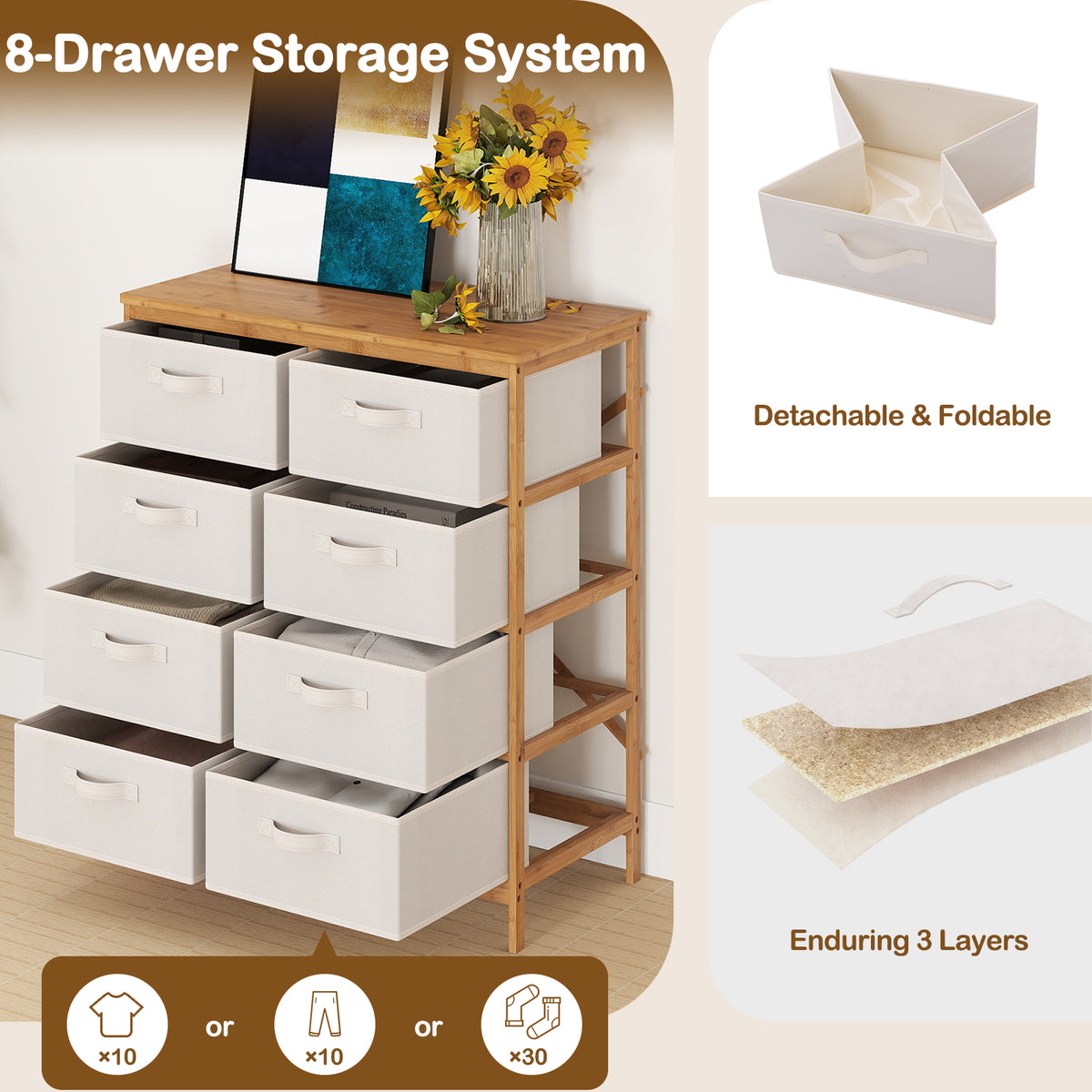 8-Drawer Dresser with Fabric Bins - Beige (min order qty 2)-Dressers & Chests-DECOROLALA