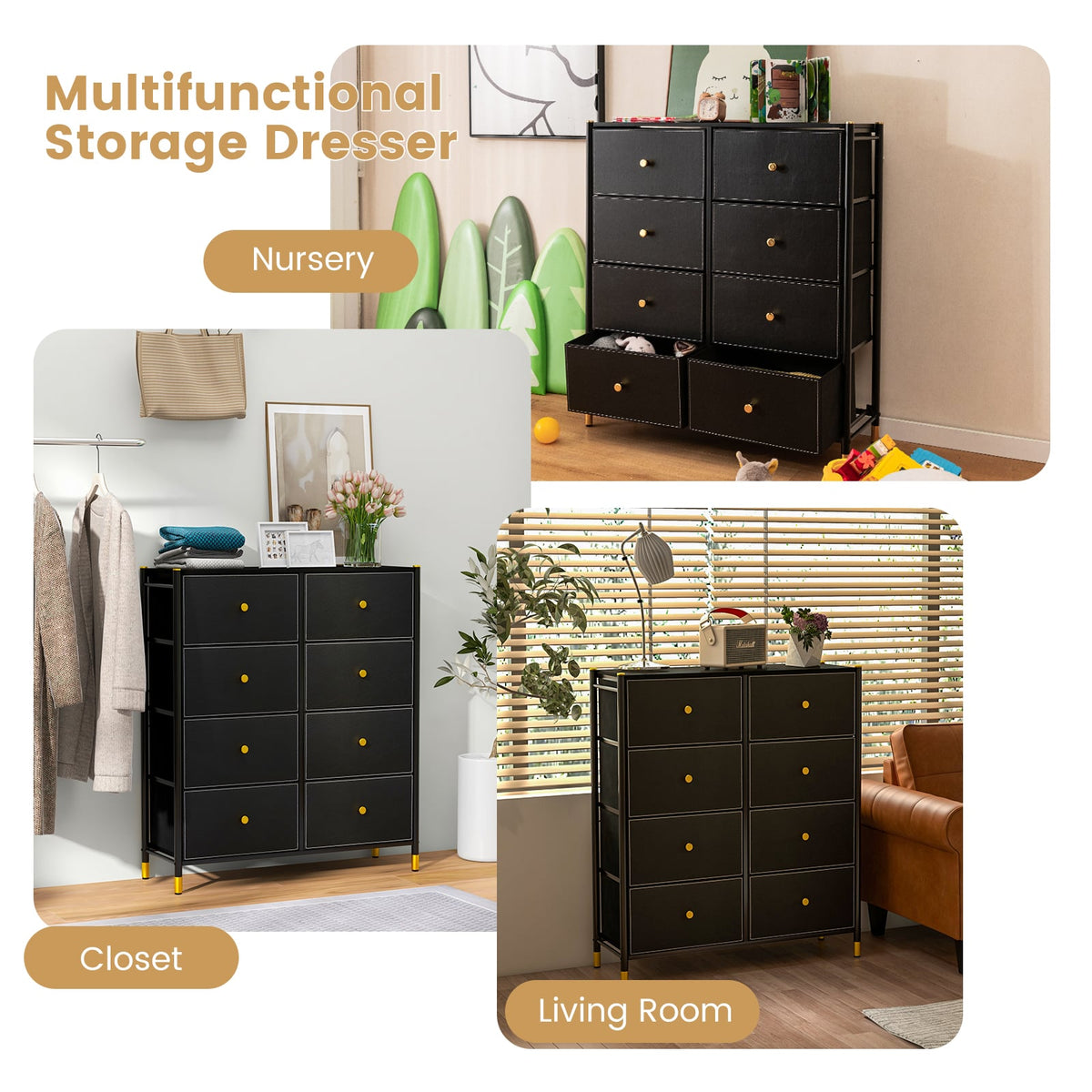 8-Drawer Fabric Dresser - Black Metal Frame (min order qty 2)-Dressers & Chests-DECOROLALA
