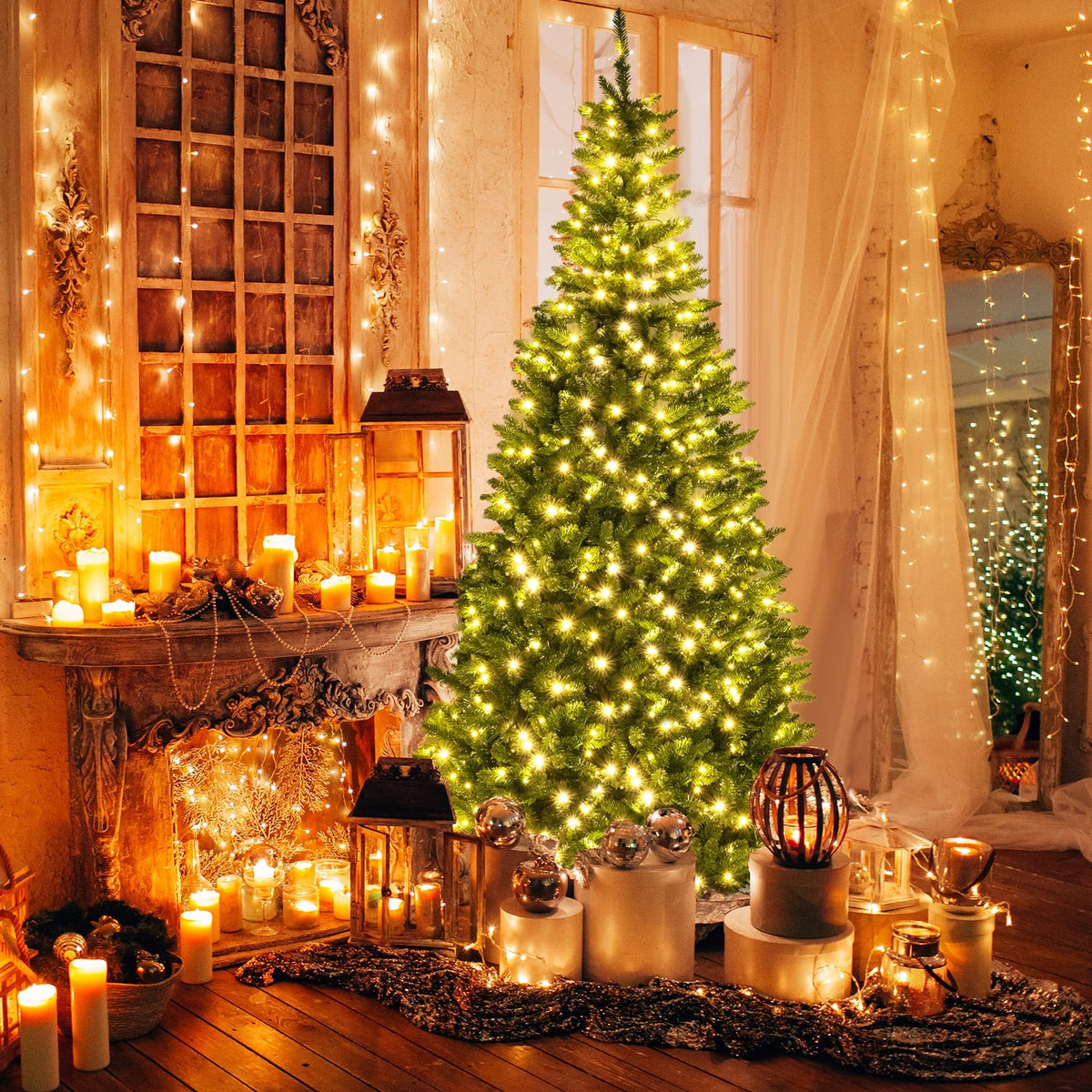 8 FT Corner Artificial Christmas Tree with 1137 Branch Tips and 360 Warm White LED Lights-Christmas Trees-DECOROLALA