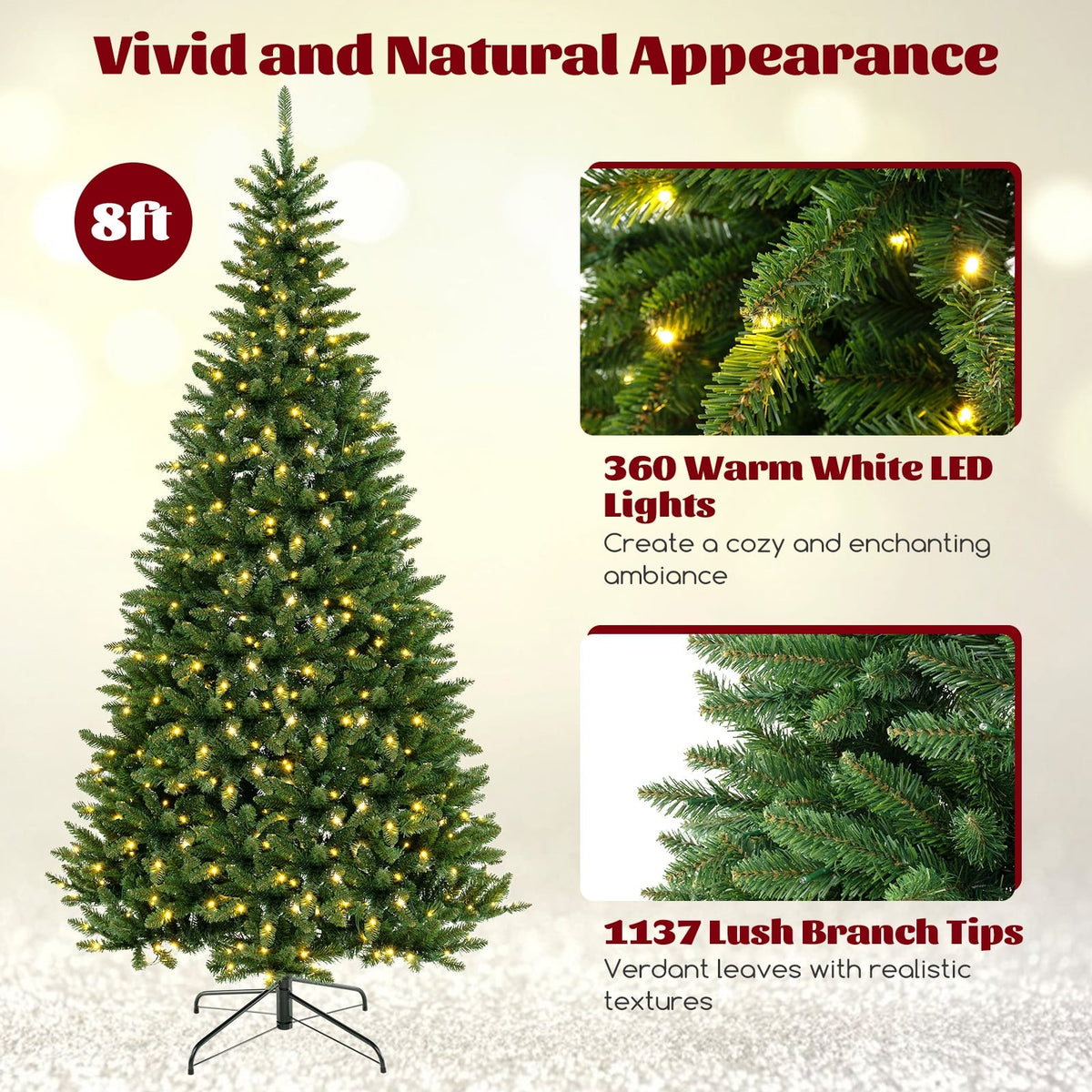 8 FT Corner Artificial Christmas Tree with 1137 Branch Tips and 360 Warm White LED Lights-Christmas Trees-DECOROLALA