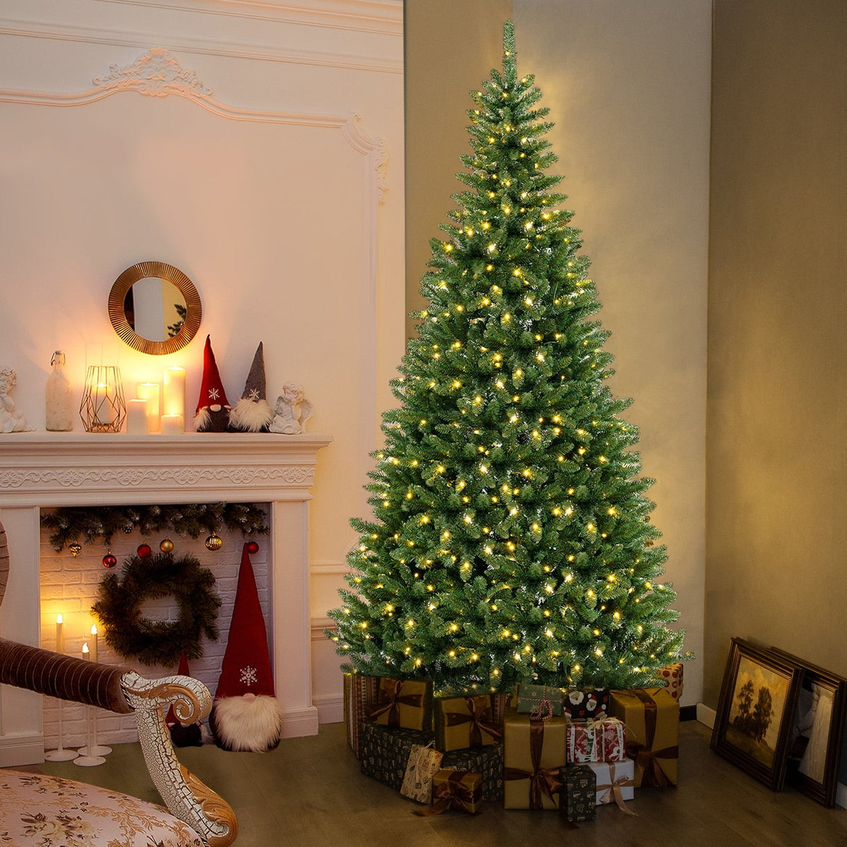 8 FT Corner Artificial Christmas Tree with 1137 Branch Tips and 360 Warm White LED Lights-Christmas Trees-DECOROLALA