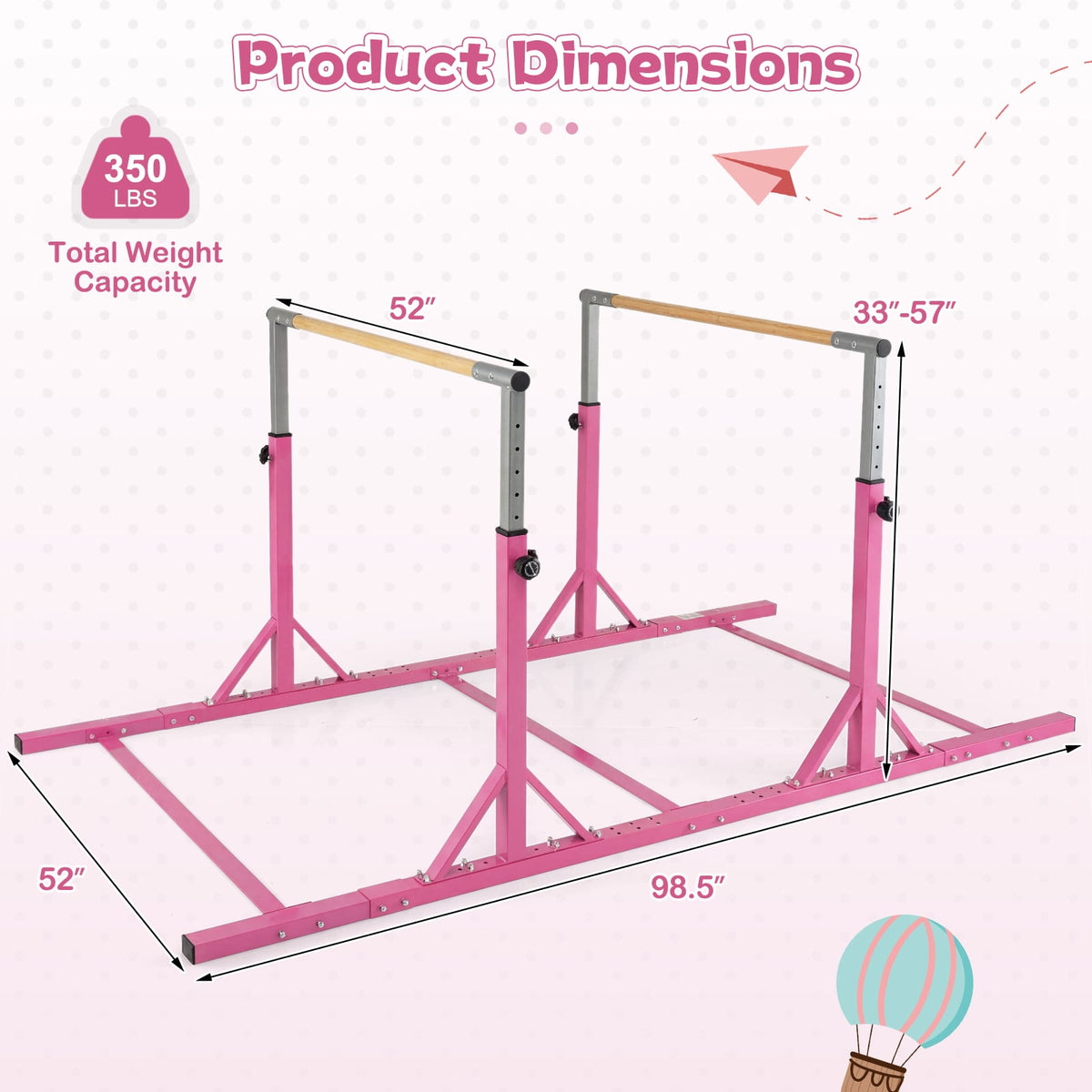 8 FT Double Horizontal Bars with 13-Level Adjustable Heights and 6-Level Adjustable Width-Pink-Yoga Accessories-DECOROLALA