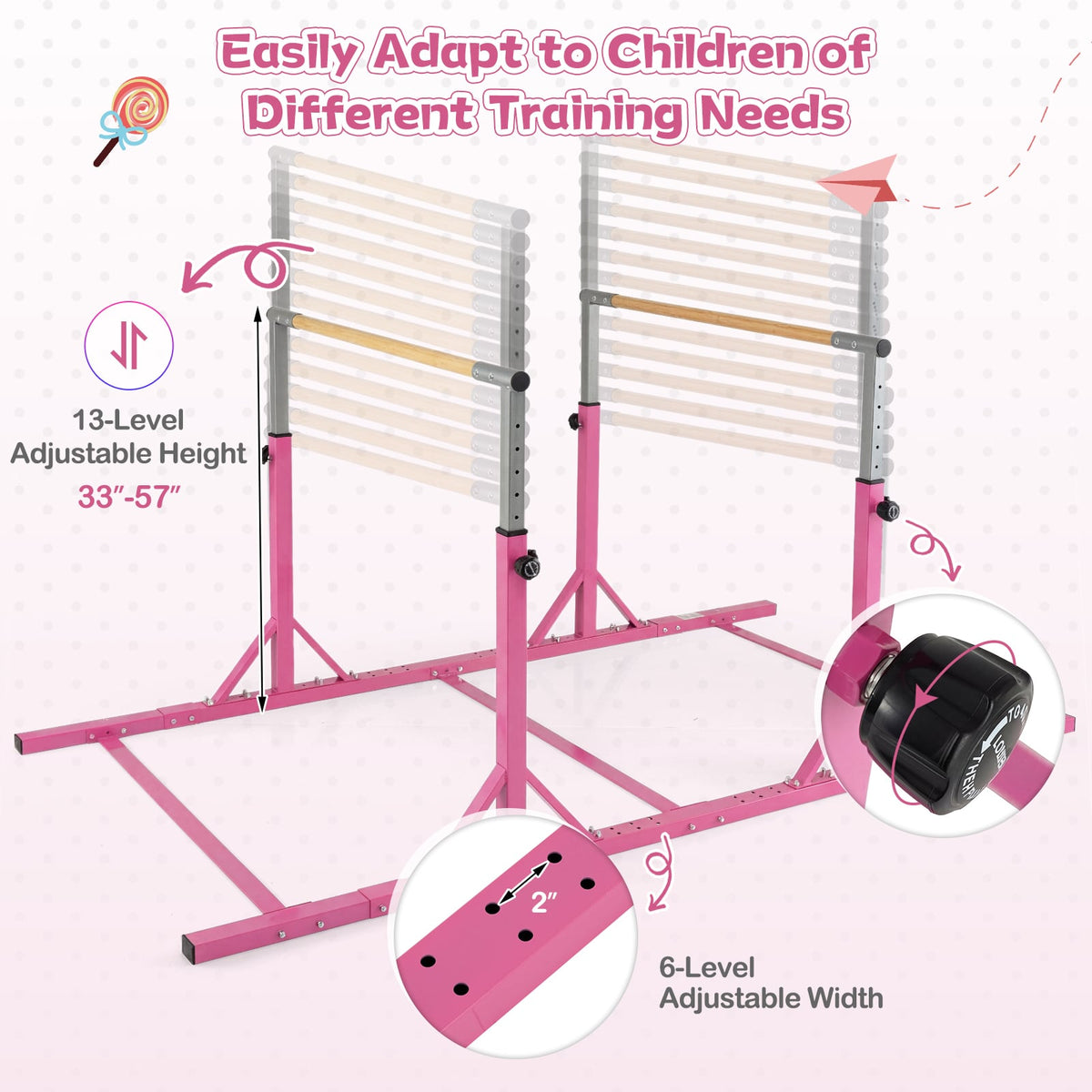 8 FT Double Horizontal Bars with 13-Level Adjustable Heights and 6-Level Adjustable Width-Pink-Yoga Accessories-DECOROLALA