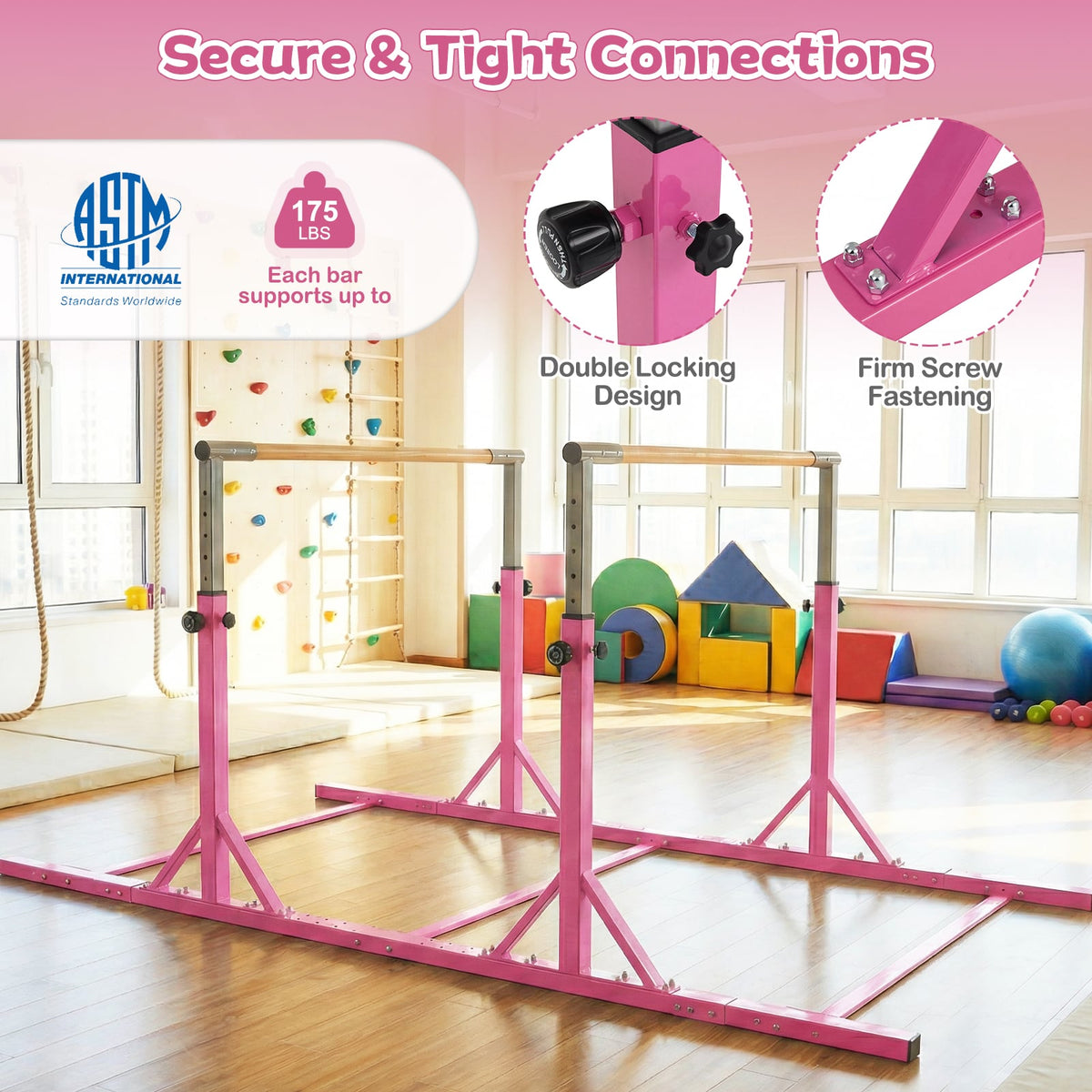 8 FT Double Horizontal Bars with 13-Level Adjustable Heights and 6-Level Adjustable Width-Pink-Yoga Accessories-DECOROLALA