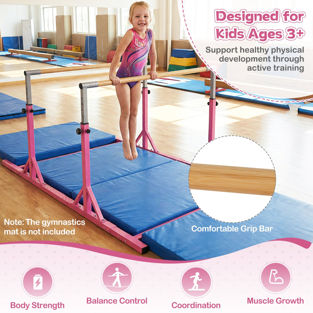 8 FT Double Horizontal Bars with 13-Level Adjustable Heights and 6-Level Adjustable Width-Pink-Yoga Accessories-DECOROLALA