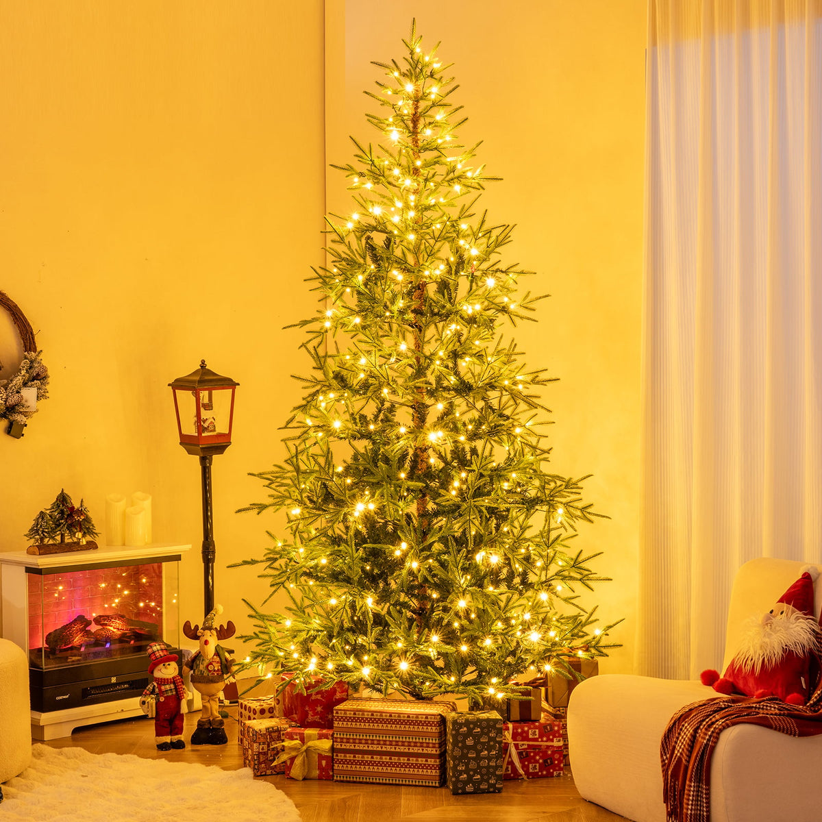 8 FT Pre-Lit Artificial Christmas Tree Hinged Xmas Tree with 400 Warm White & Multicolored LED Lights-Christmas Trees-DECOROLALA