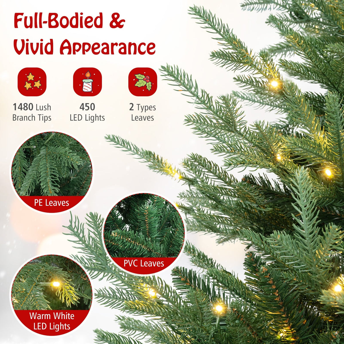 8 FT Pre-Lit Artificial Hinged Xmas Tree with 1480 PVC and PE Branch Tips-XL-Christmas Trees-DECOROLALA