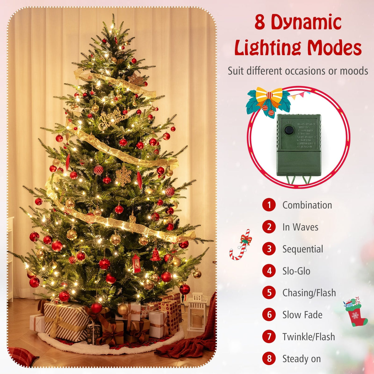 8 FT Pre-Lit Artificial Hinged Xmas Tree with 1480 PVC and PE Branch Tips-XL-Christmas Trees-DECOROLALA