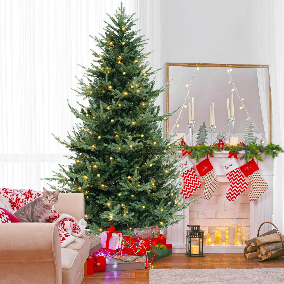 8 FT Pre-Lit Artificial Hinged Xmas Tree with 1480 PVC and PE Branch Tips-XL-Christmas Trees-DECOROLALA