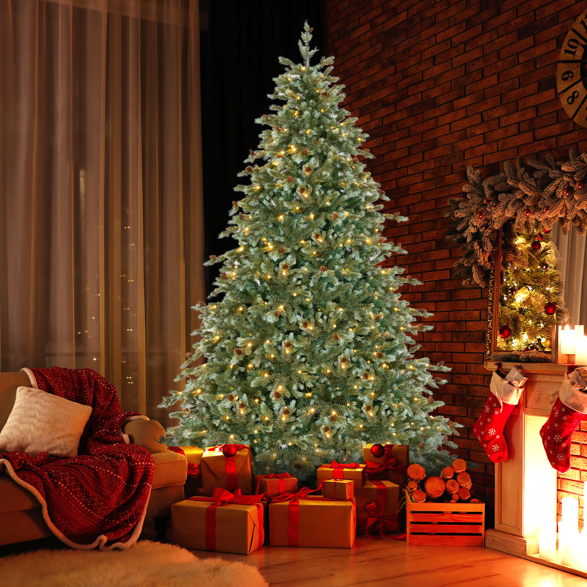 8 Feet Christmas Tree with 8 Lighting Modes and Pine Cones-8 ft-Christmas Trees-DECOROLALA