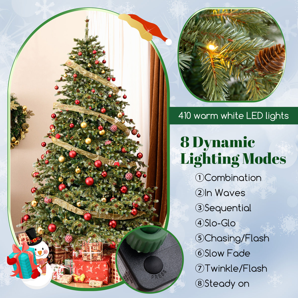 8 Feet Christmas Tree with 8 Lighting Modes and Pine Cones-8 ft-Christmas Trees-DECOROLALA