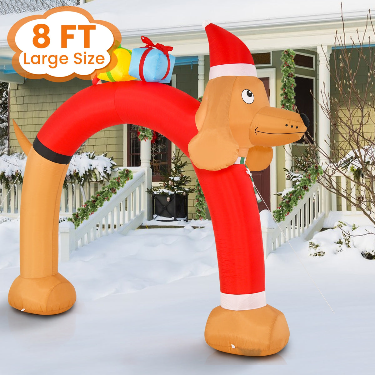 8 Feet Lighted Inflatable Christmas Dachshund Arch with Air Blower-Christmas Inflatables-DECOROLALA