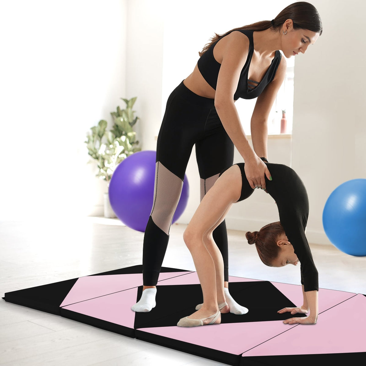 8 Feet PU Leather Folding Gymnastics Mat with Hook and Loop Fasteners-Black & Pink-Yoga & Gym Mats-DECOROLALA
