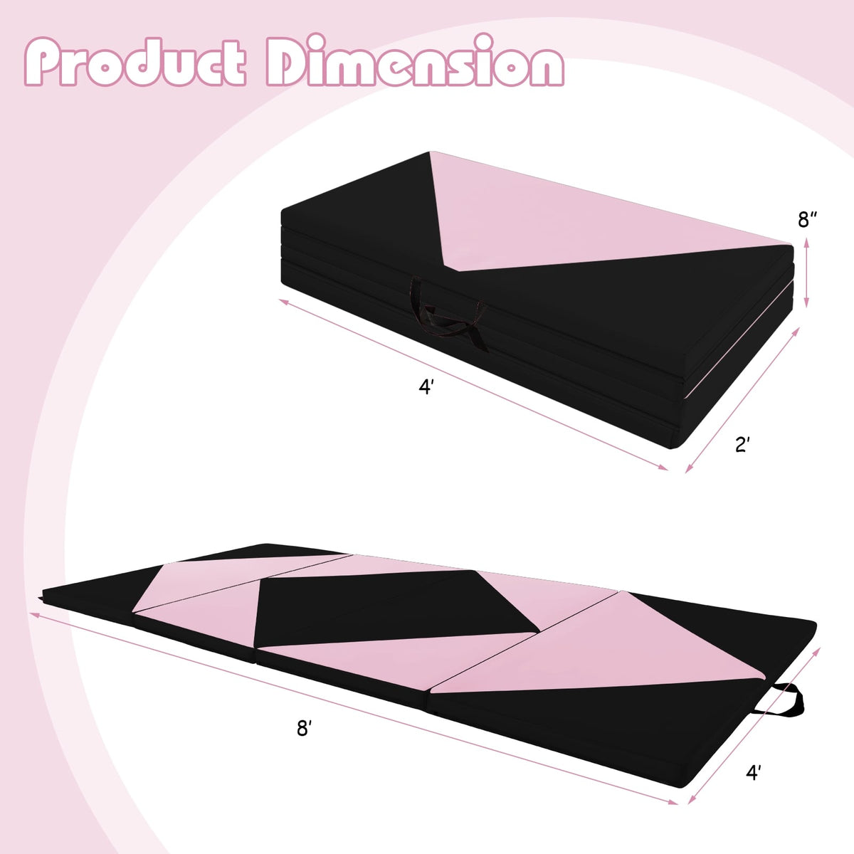 8 Feet PU Leather Folding Gymnastics Mat with Hook and Loop Fasteners-Black & Pink-Yoga & Gym Mats-DECOROLALA