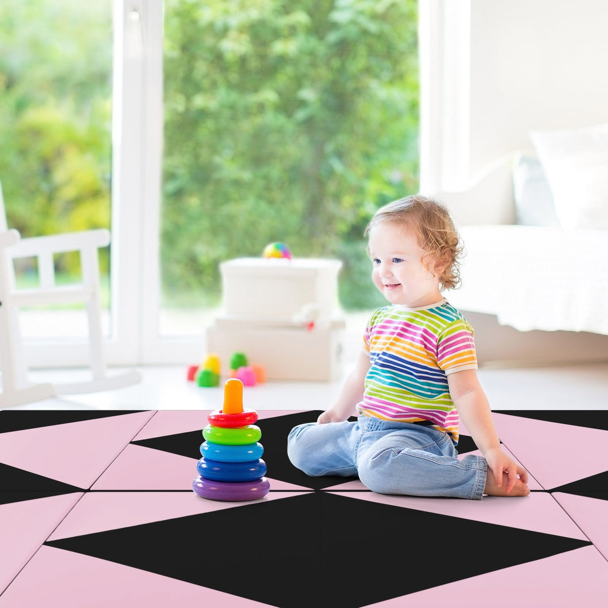 8 Feet PU Leather Folding Gymnastics Mat with Hook and Loop Fasteners-Black & Pink-Yoga & Gym Mats-DECOROLALA
