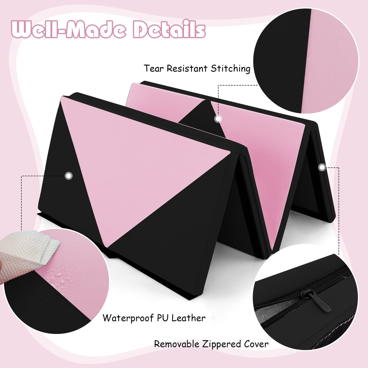 8 Feet PU Leather Folding Gymnastics Mat with Hook and Loop Fasteners-Black & Pink-Yoga & Gym Mats-DECOROLALA
