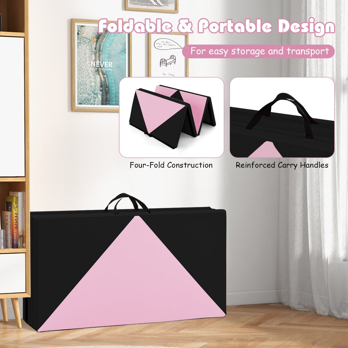 8 Feet PU Leather Folding Gymnastics Mat with Hook and Loop Fasteners-Black & Pink-Yoga & Gym Mats-DECOROLALA