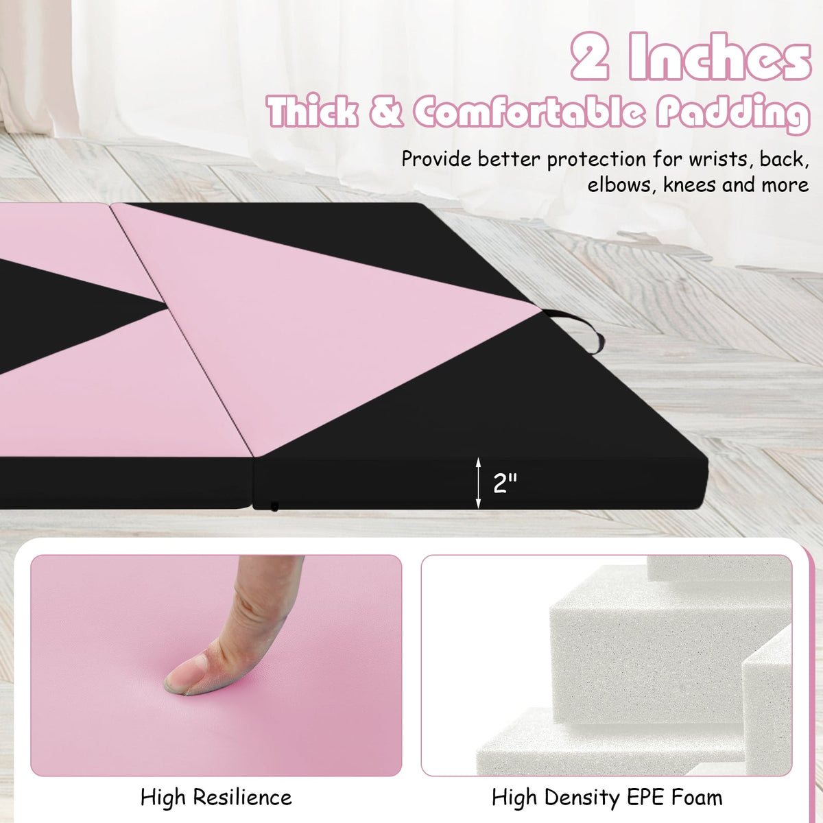 8 Feet PU Leather Folding Gymnastics Mat with Hook and Loop Fasteners-Black & Pink-Yoga & Gym Mats-DECOROLALA