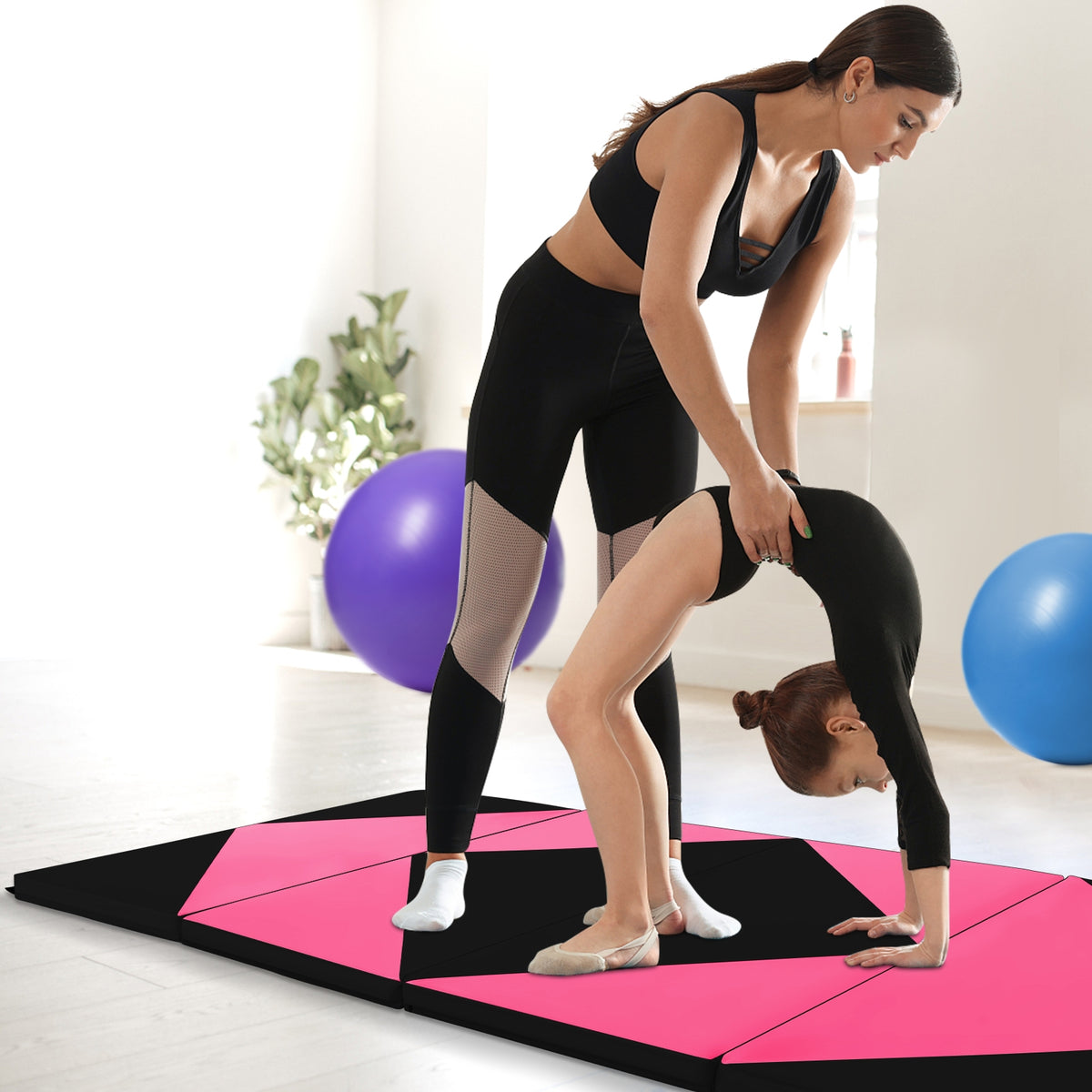 8 Feet PU Leather Folding Gymnastics Mat with Hook and Loop Fasteners-Heart Pink-Yoga & Gym Mats-DECOROLALA