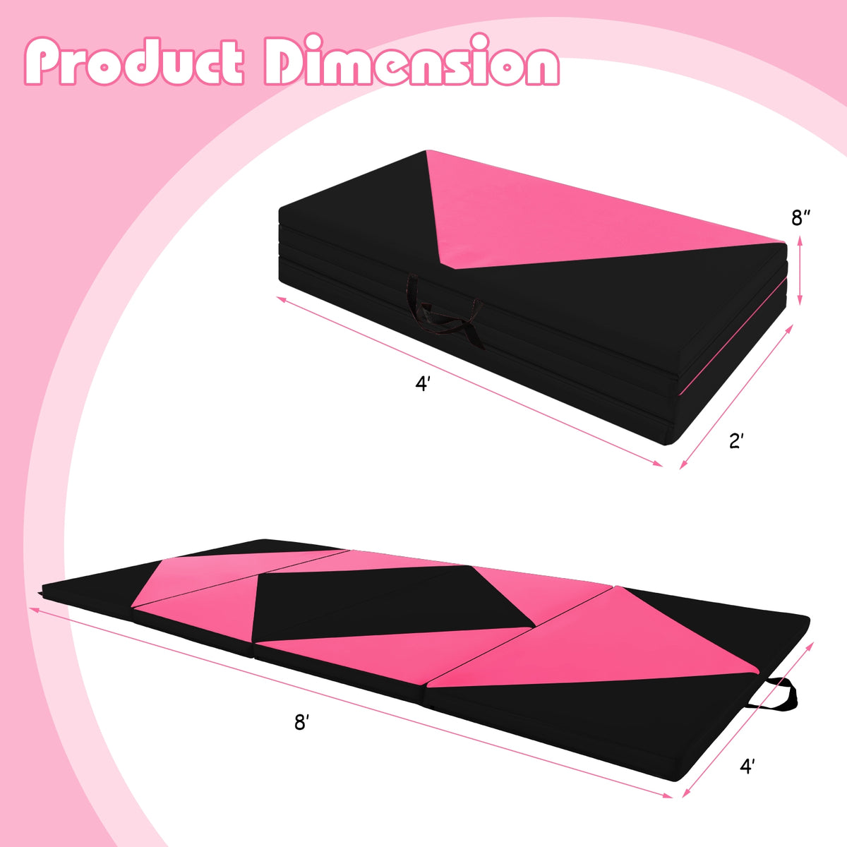 8 Feet PU Leather Folding Gymnastics Mat with Hook and Loop Fasteners-Heart Pink-Yoga & Gym Mats-DECOROLALA