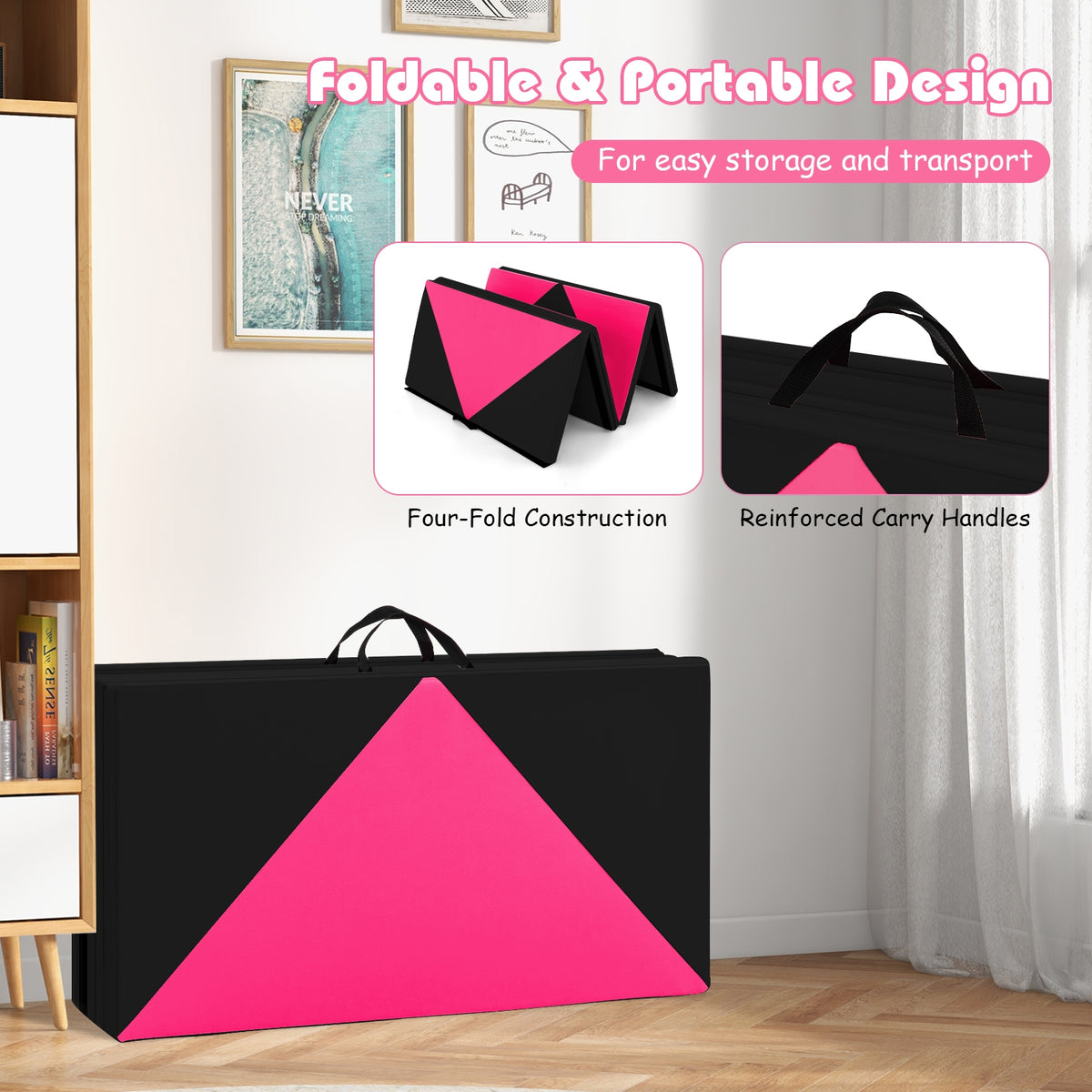 8 Feet PU Leather Folding Gymnastics Mat with Hook and Loop Fasteners-Heart Pink-Yoga & Gym Mats-DECOROLALA