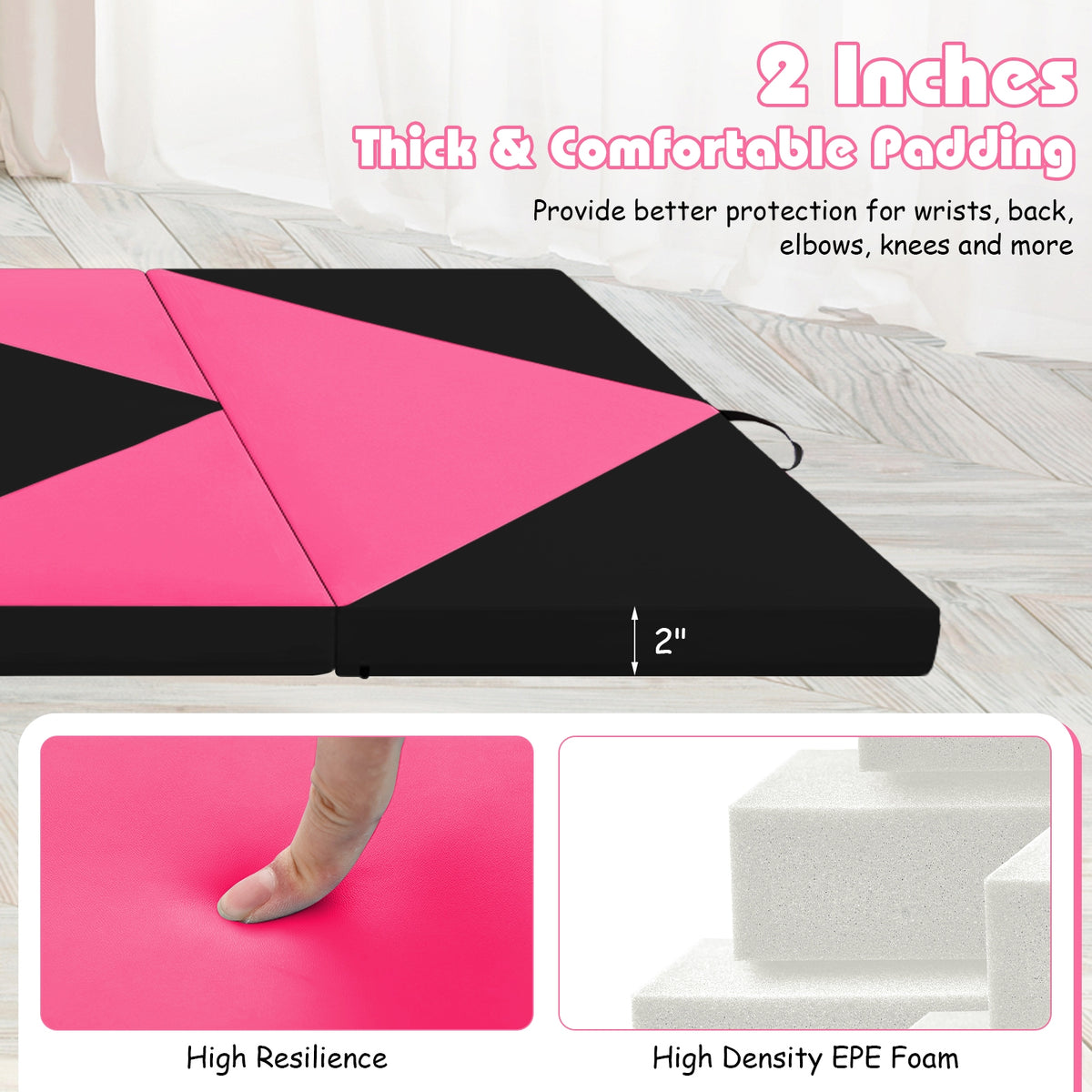8 Feet PU Leather Folding Gymnastics Mat with Hook and Loop Fasteners-Heart Pink-Yoga & Gym Mats-DECOROLALA