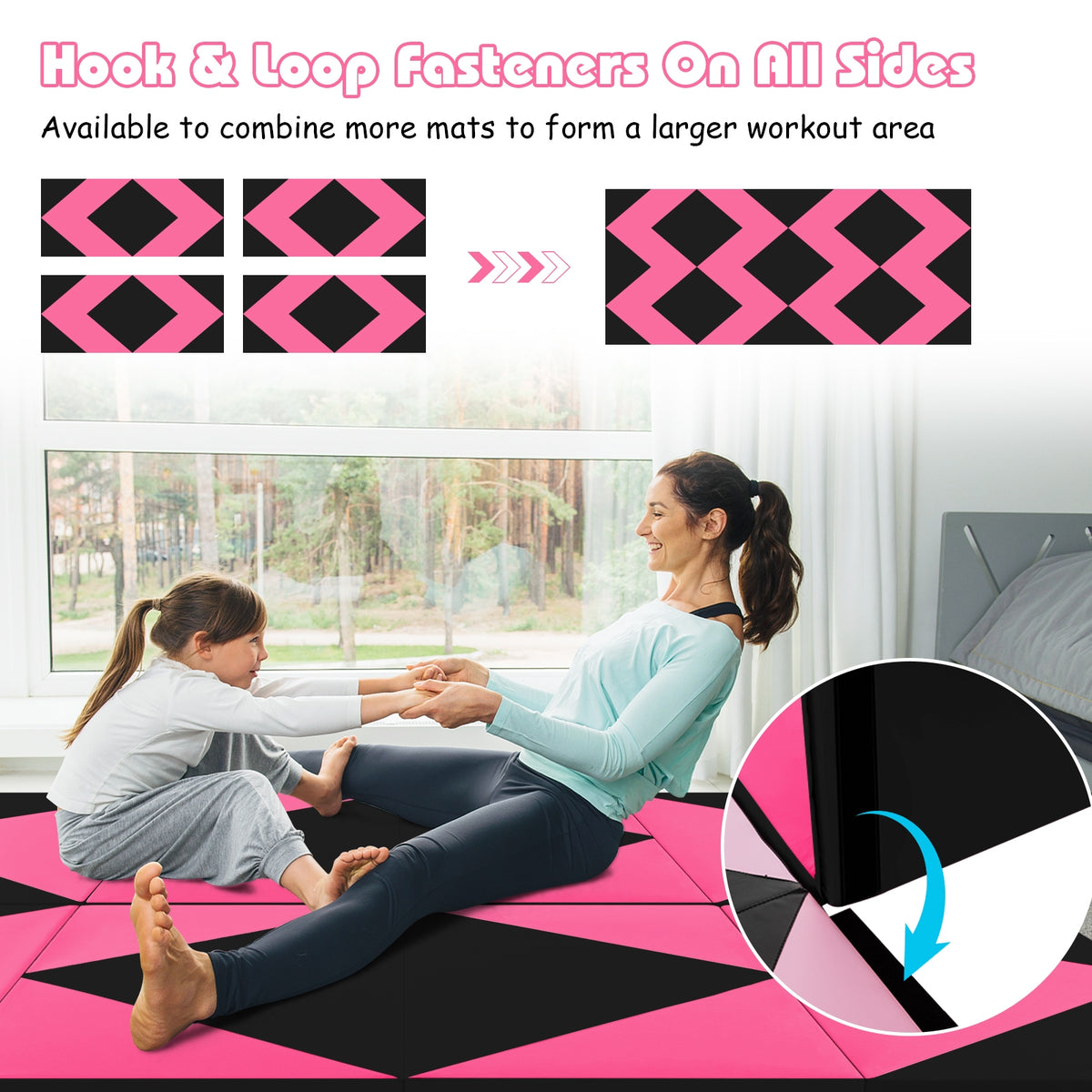 8 Feet PU Leather Folding Gymnastics Mat with Hook and Loop Fasteners-Heart Pink-Yoga & Gym Mats-DECOROLALA