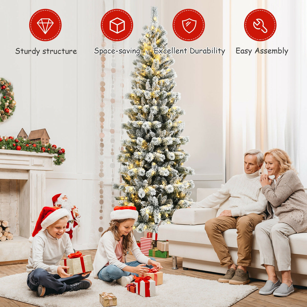 8 Feet Pre-Lit Hinged Snow Flocked Christmas Tree with Remote Control-Christmas Trees-DECOROLALA