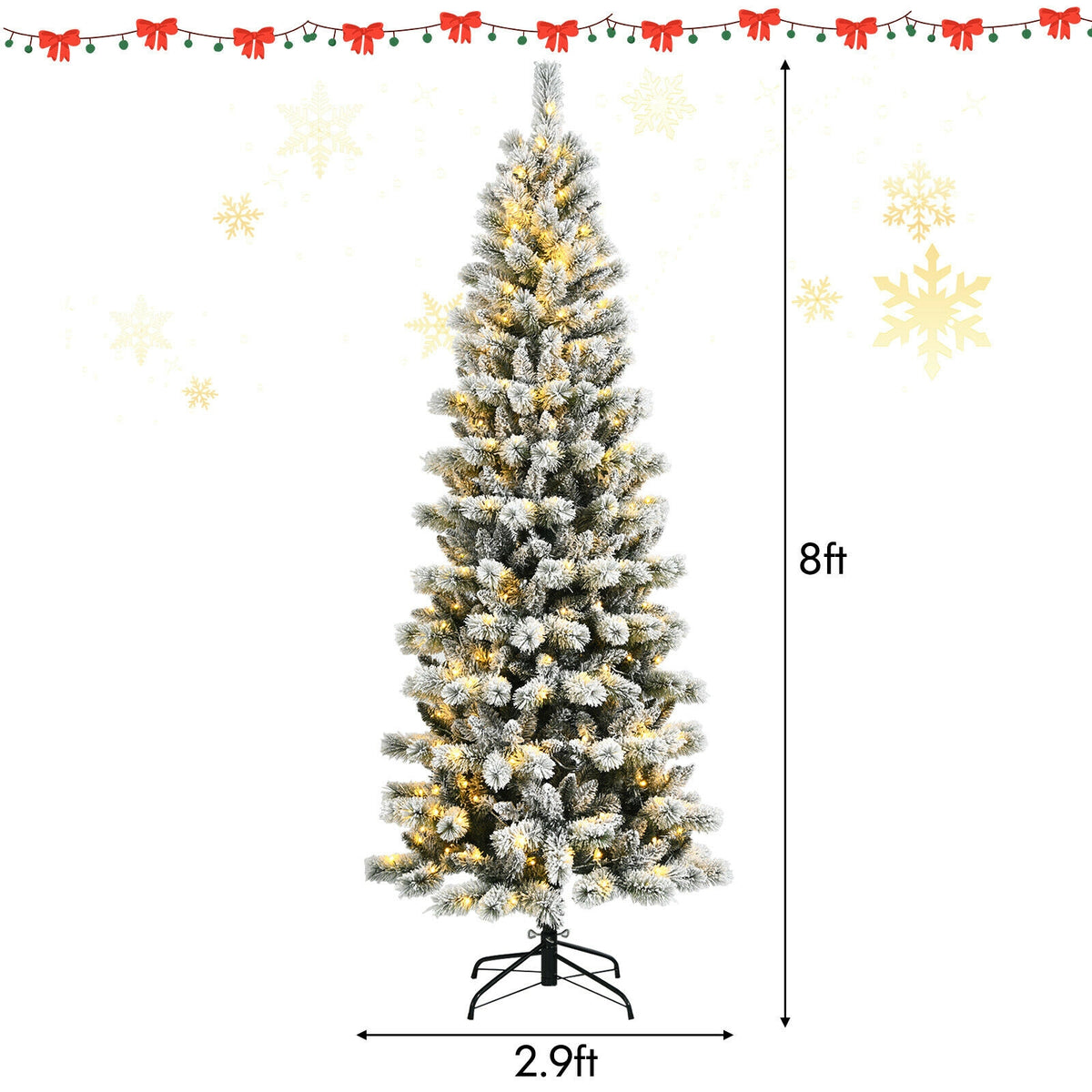 8 Feet Pre-Lit Hinged Snow Flocked Christmas Tree with Remote Control-Christmas Trees-DECOROLALA