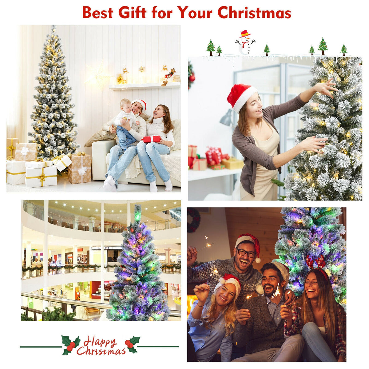 8 Feet Pre-Lit Hinged Snow Flocked Christmas Tree with Remote Control-Christmas Trees-DECOROLALA