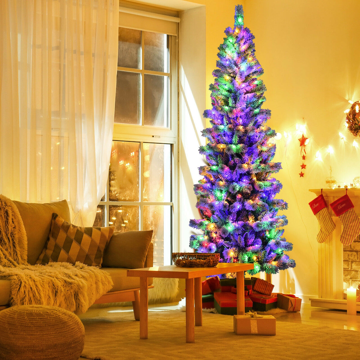 8 Feet Pre-Lit Hinged Snow Flocked Christmas Tree with Remote Control-Christmas Trees-DECOROLALA