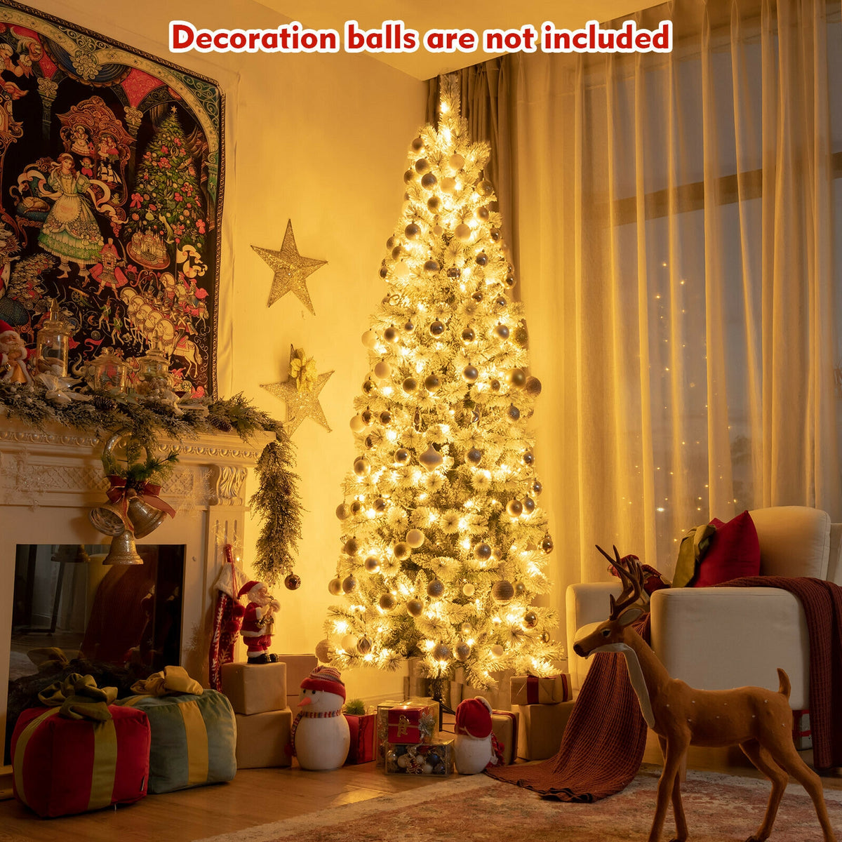 8 Feet Pre-Lit Hinged Snow Flocked Christmas Tree with Remote Control-Christmas Trees-DECOROLALA