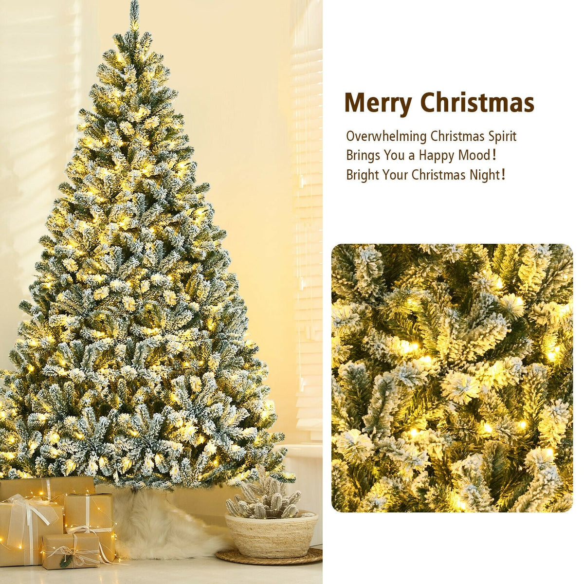 8 Feet Pre-lit Snow Flocked Christmas Tree with Tips and Metal Stand-8 ft-Christmas Trees-DECOROLALA