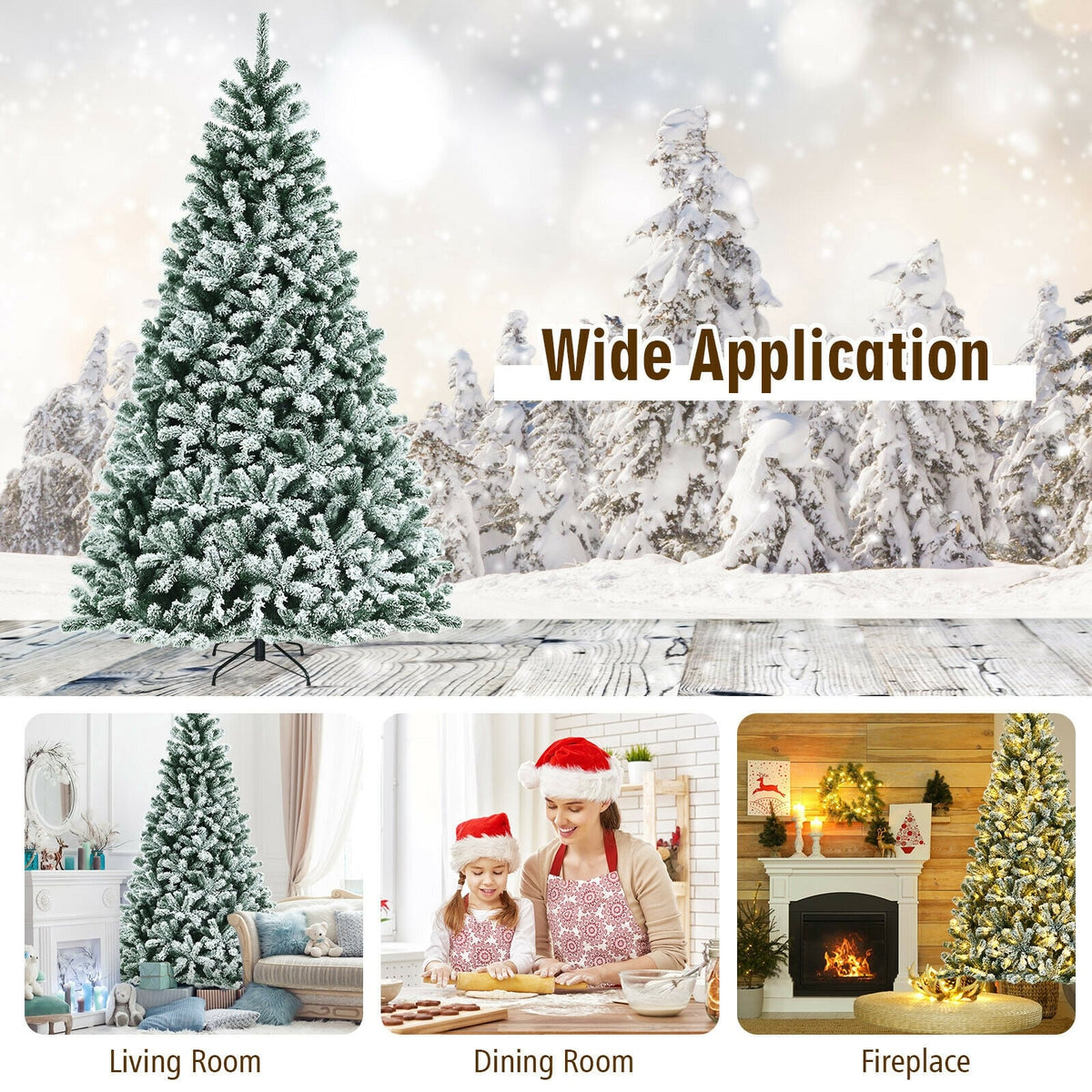 8 Feet Pre-lit Snow Flocked Christmas Tree with Tips and Metal Stand-8 ft-Christmas Trees-DECOROLALA