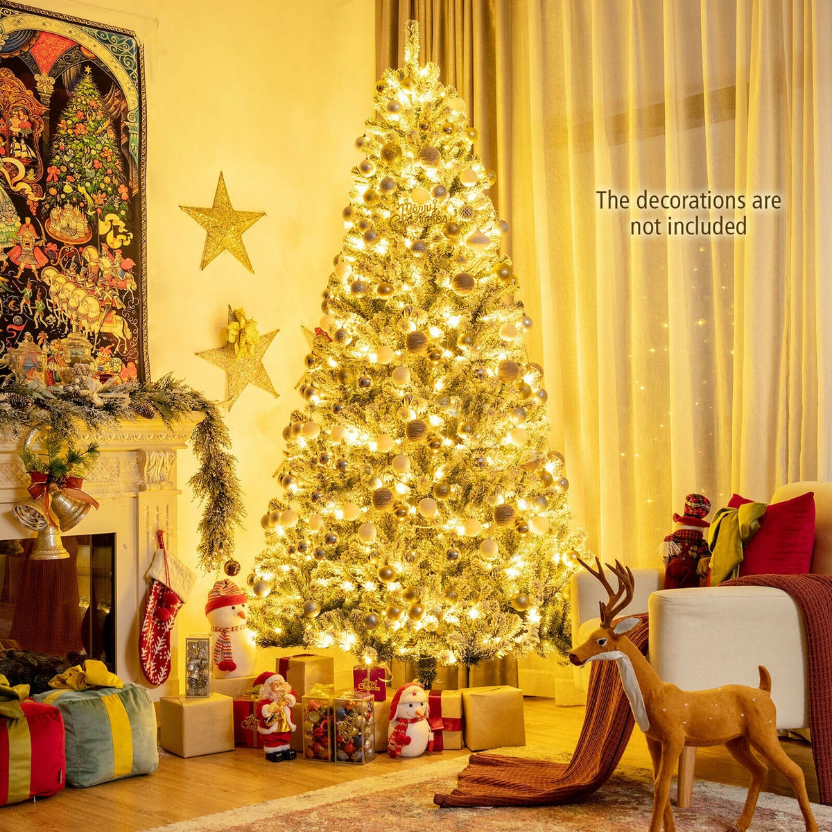 8 Feet Pre-lit Snow Flocked Christmas Tree with Tips and Metal Stand-8 ft-Christmas Trees-DECOROLALA